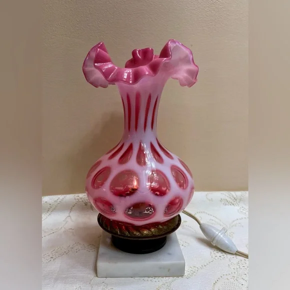 Vintage Fenton Opalescent Coin Dot Cranberry Boudoir Glass Lamp Light PAIR Marbl - Picture 3 of 16